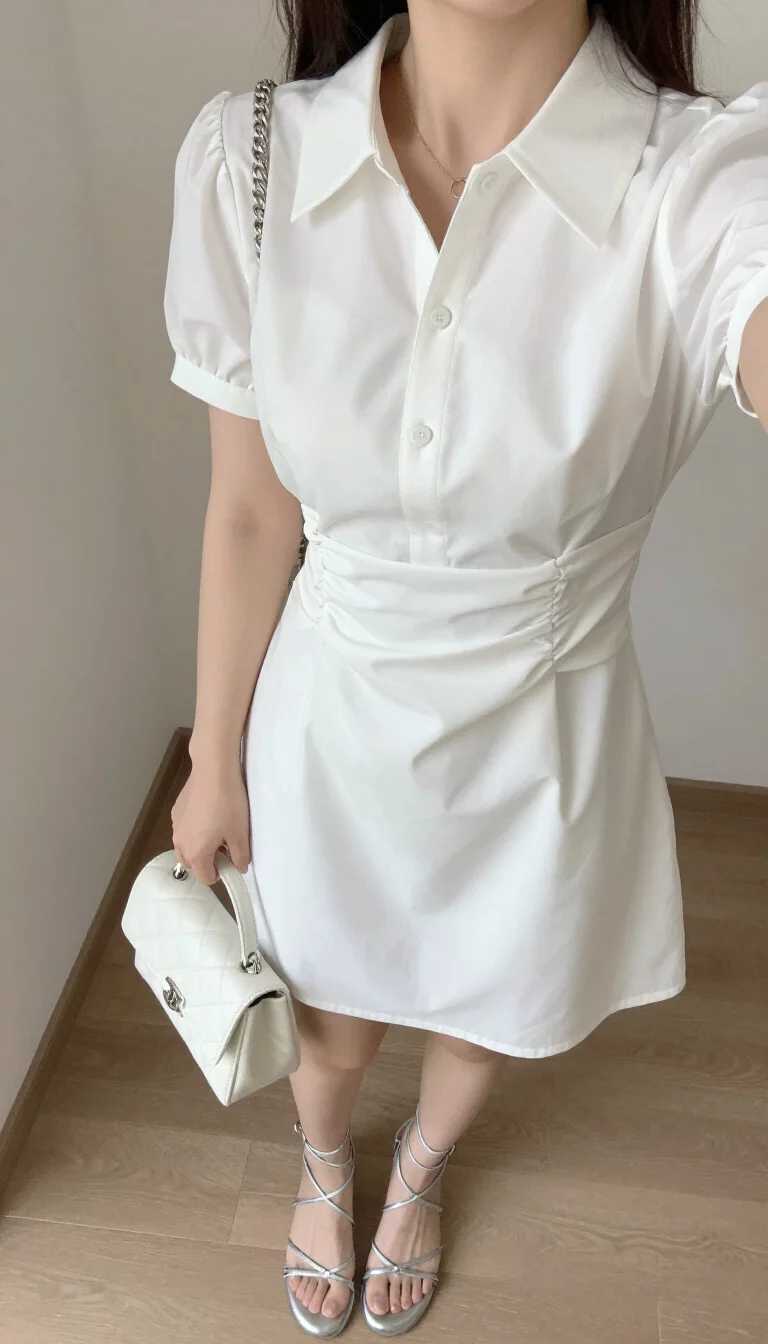 A beautiful woman in a short-sleeved white collared dress with a ruched waist, she carries a white quilted handbag and wears silver lace-up flat sandals, indoor selfie.
