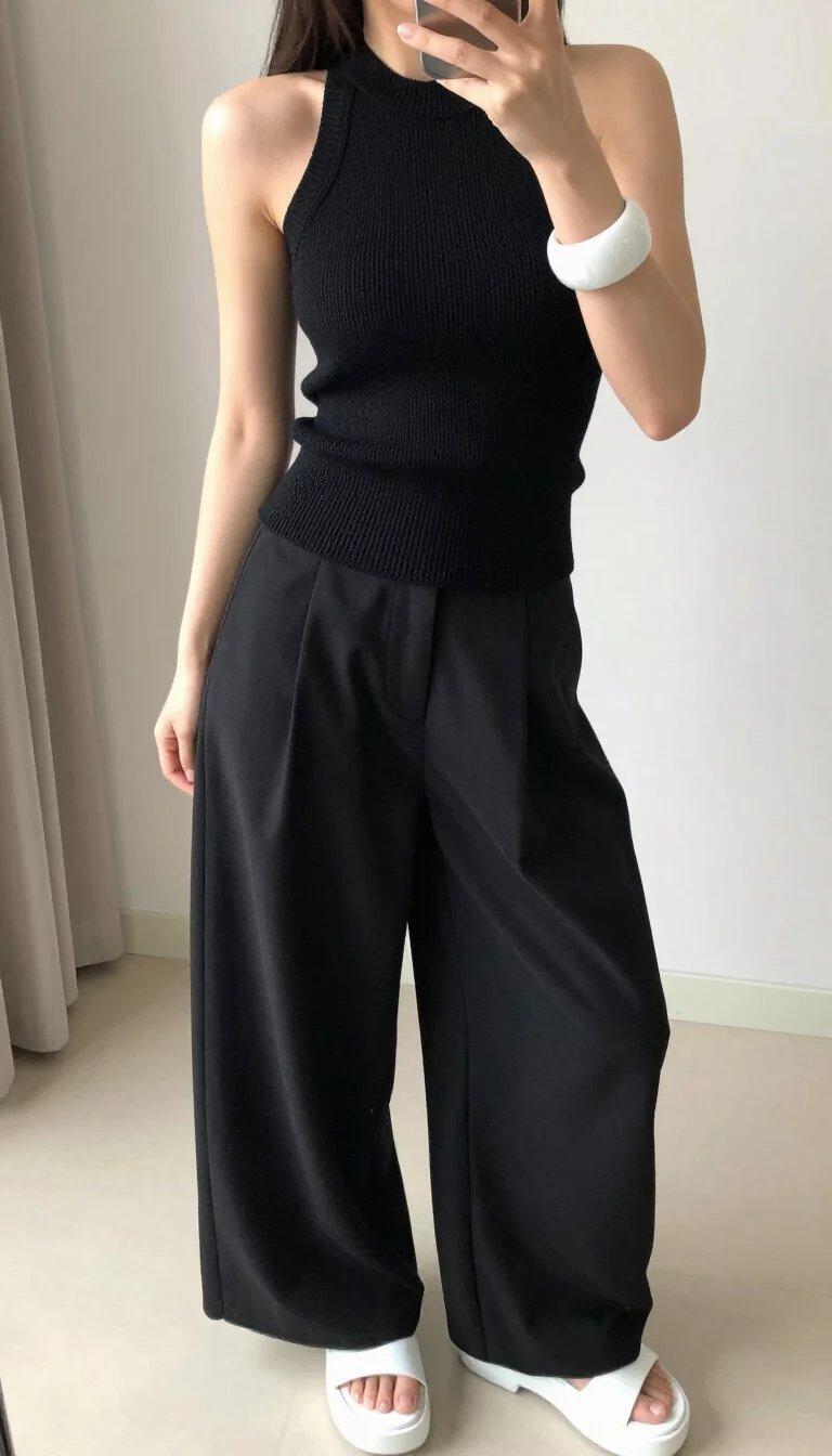 A beautiful woman in a black knit halter top and voluminous black wide-leg trousers, she wears large white bangles and white platform sandals, indoor selfie.
