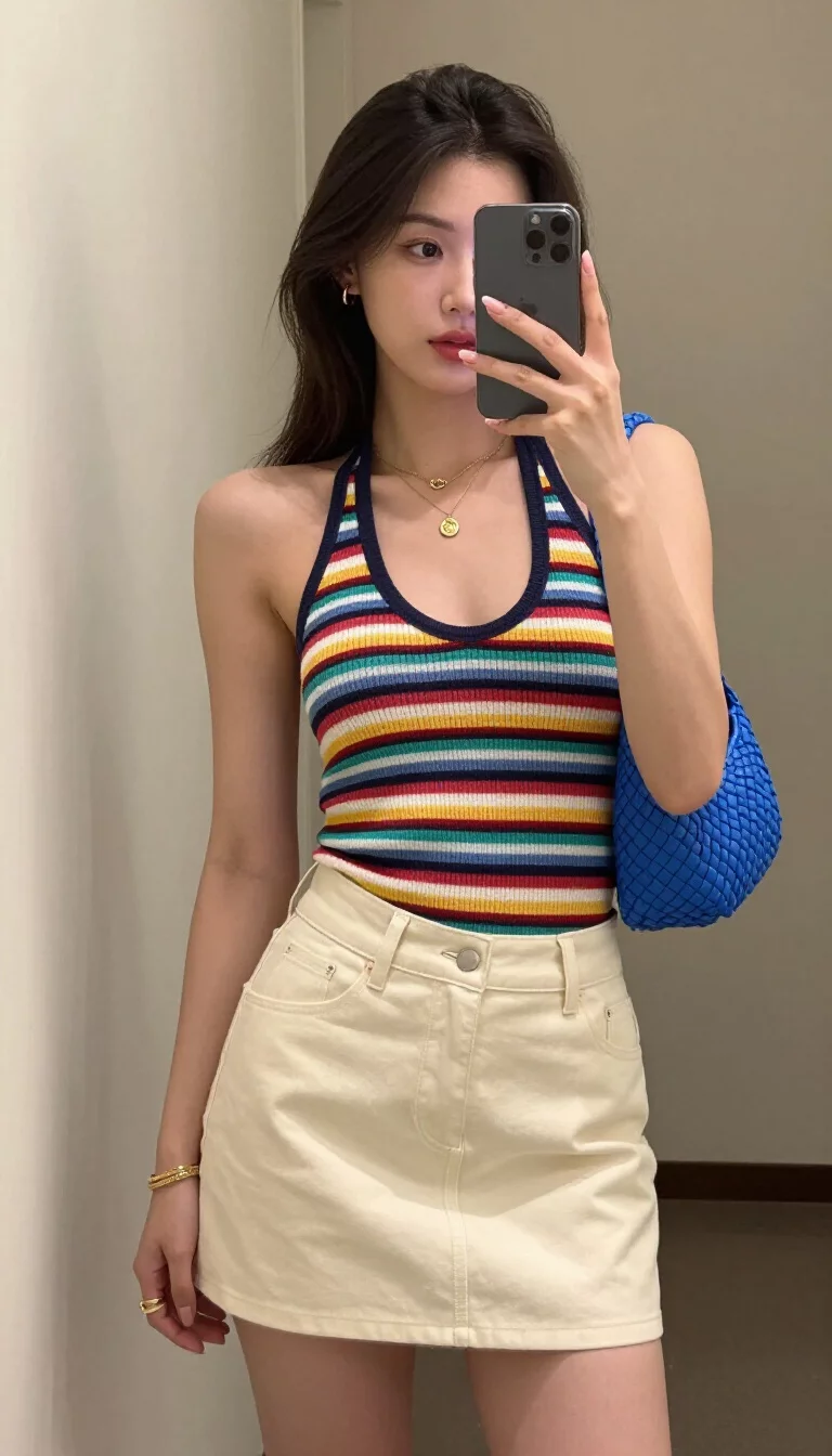 A beautiful woman in a multi-colored striped halter top and cream mini skirt, she carries a bright blue woven bag and wears gold jewelry, indoor selfie.