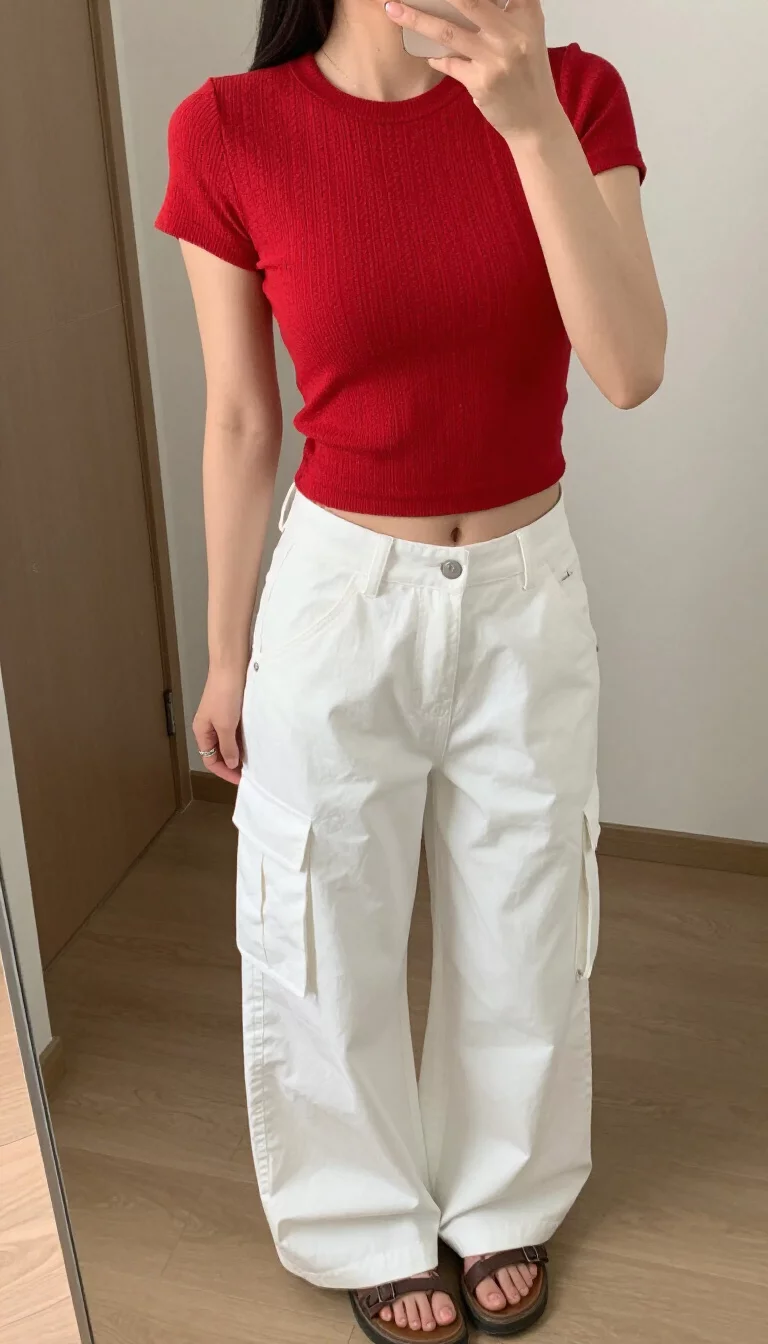 A beautiful woman in a bright red cropped textured short-sleeve top and low-waisted wide-leg white cargo pants, she wears dark sandals, indoor selfie.