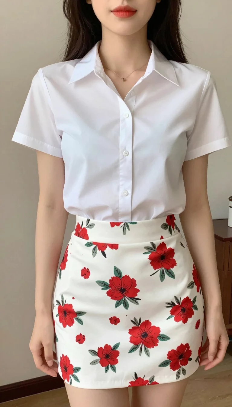 A beautiful woman in a white short-sleeved button-down shirt and a white wrap mini skirt with a red floral print, indoor selfie.