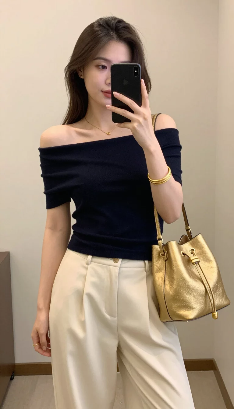 A beautiful woman in a dark off-the-shoulder short-sleeved top and cream wide-leg trousers, she wears gold bangles and carries a metallic gold bucket bag, indoor selfie.