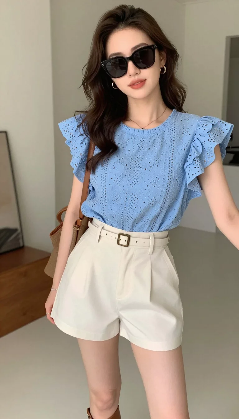 A beautiful woman in a blue eyelet blouse with ruffled sleeves and high-waisted cream belted shorts, she wears brown flat sandals and sunglasses, indoor selfie.