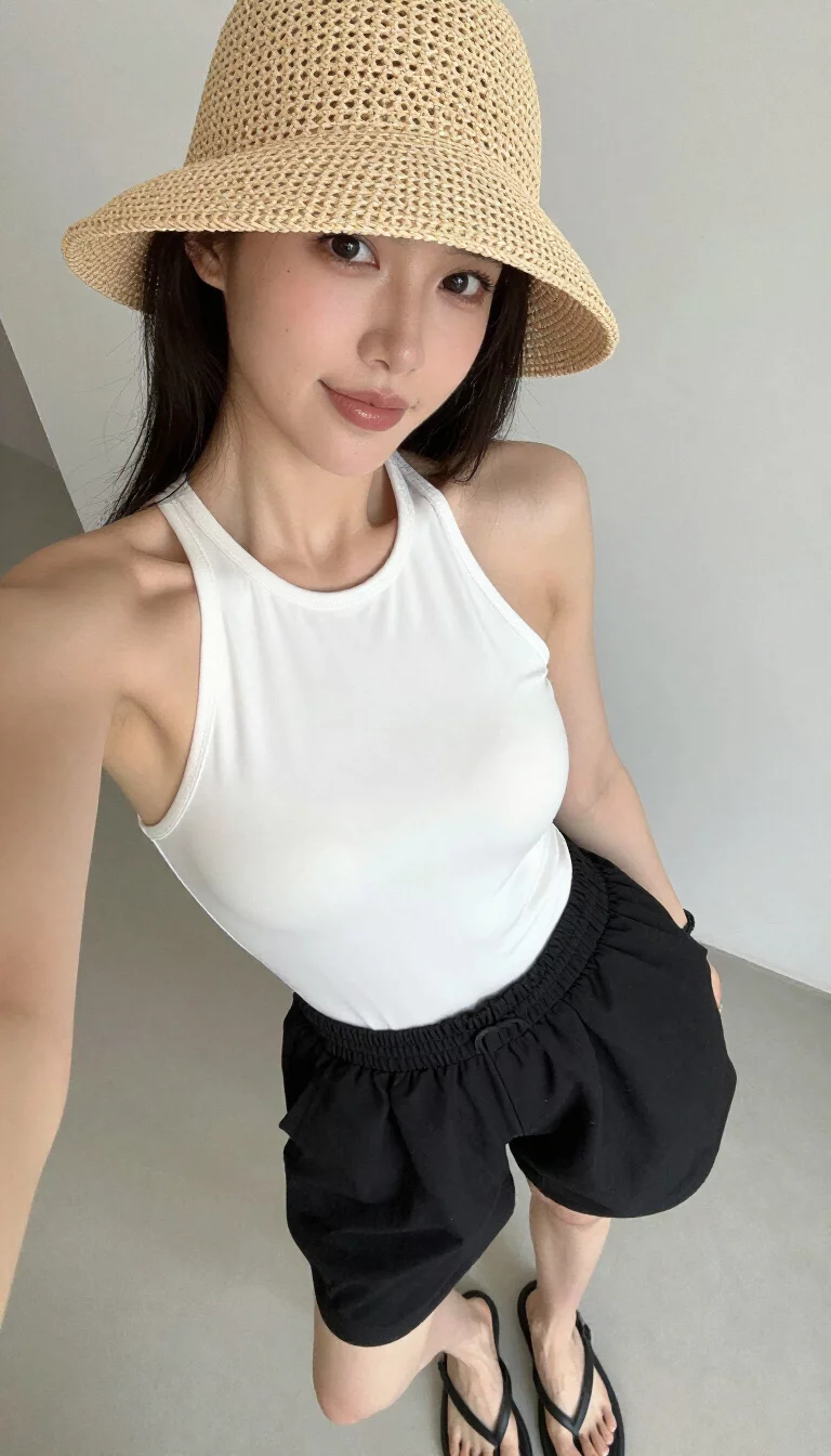 A beautiful woman in a white halter-neck bodysuit and oversized black pleated Bermuda shorts, she wears a straw bucket hat and black flip-flops, indoor selfie.