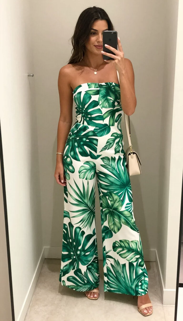 A beautiful woman in a strapless green and white botanical print wide-leg jumpsuit, she wears nude sandals and carries a small light-colored shoulder bag, indoor selfie.