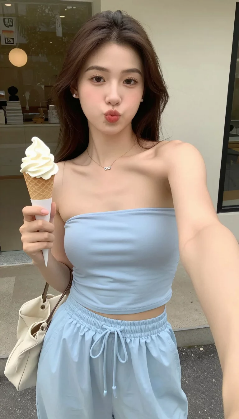 A beautiful woman in a light blue bandeau top and matching wide-leg drawstring pants, she holds an ice cream cone, outdoor selfie.