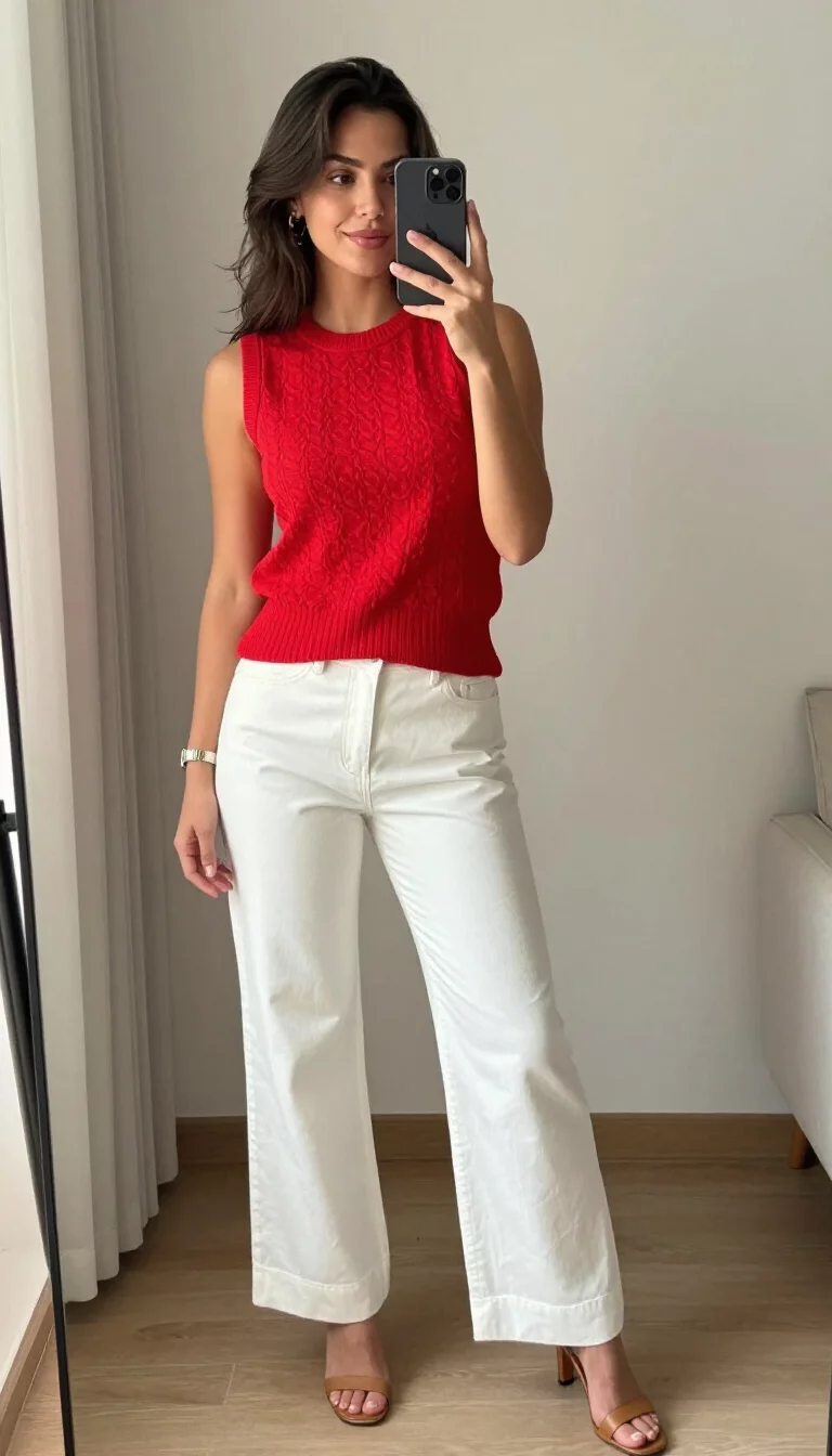 A beautiful woman in a bright red textured sleeveless top and white wide-leg trousers, she wears tan heeled sandals, indoor selfie.