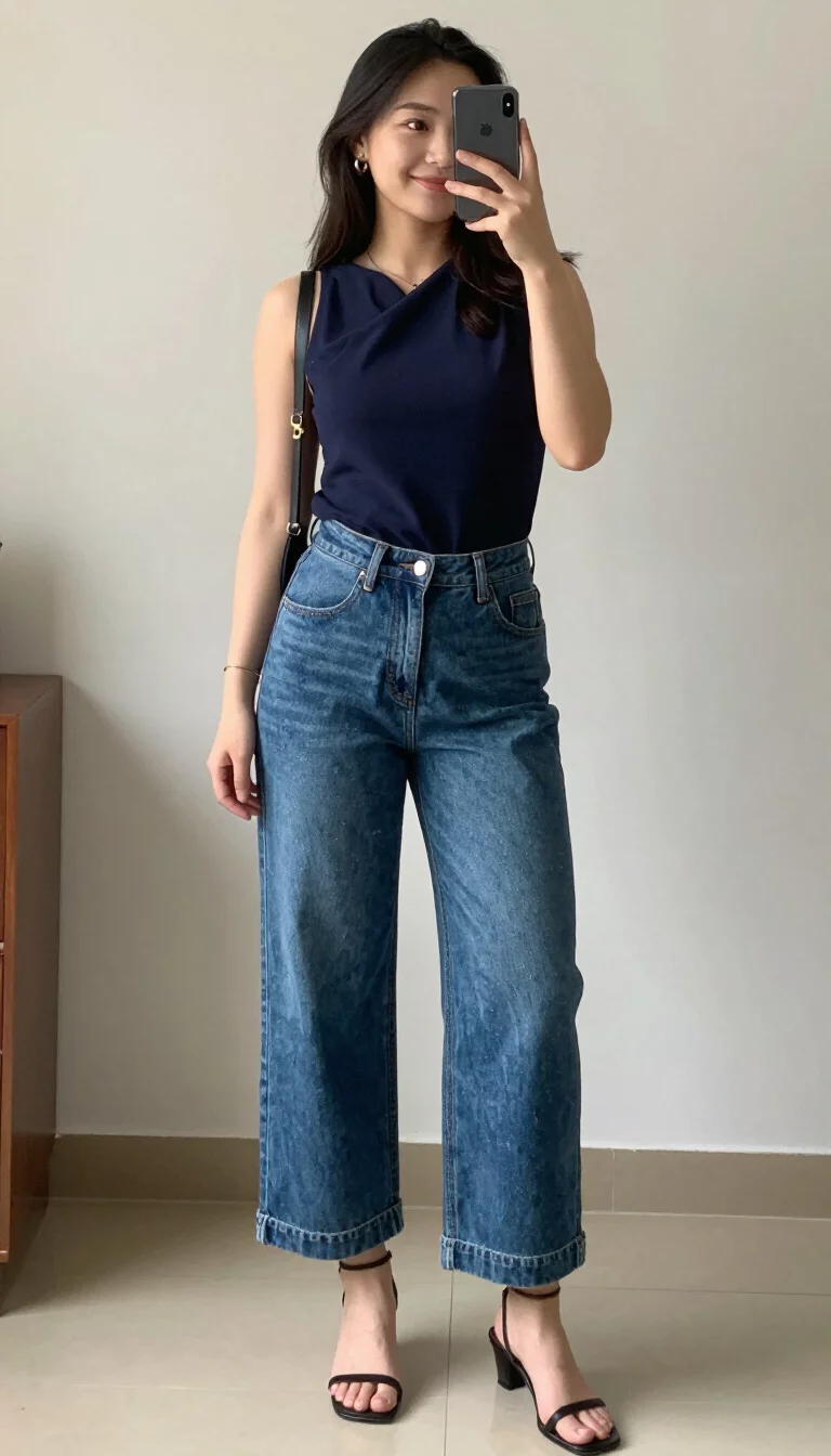 A beautiful woman in a navy blue asymmetrical top and wide-leg cuffed denim jeans, she wears low-heeled sandals, indoor selfie.