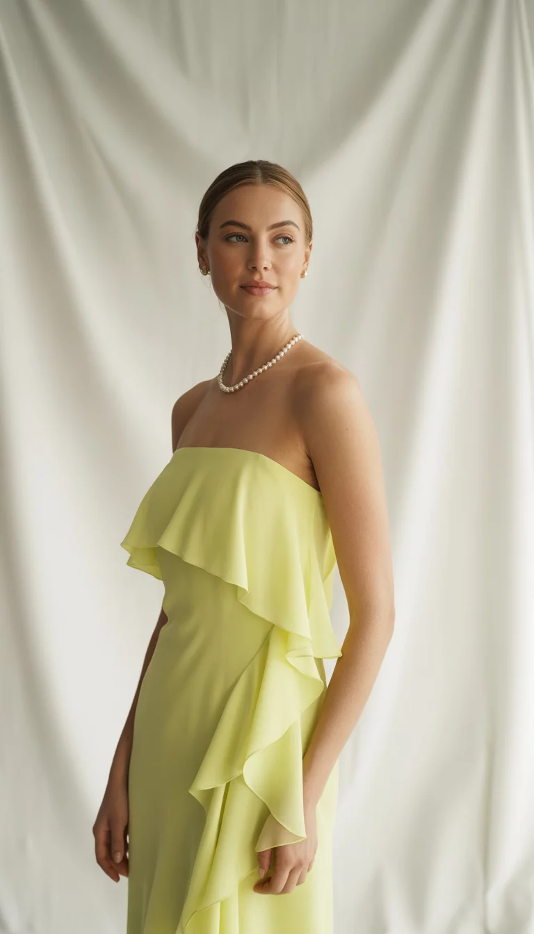A beautiful woman in a strapless asymmetrical lemon yellow dress with cascading ruffles, she wears minimal jewelry against a white background.