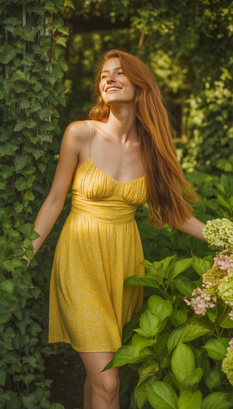 A beautiful woman in a short bright yellow floral sundress with thin straps and a ruched bodice, she stands in a sunny lush green garden.