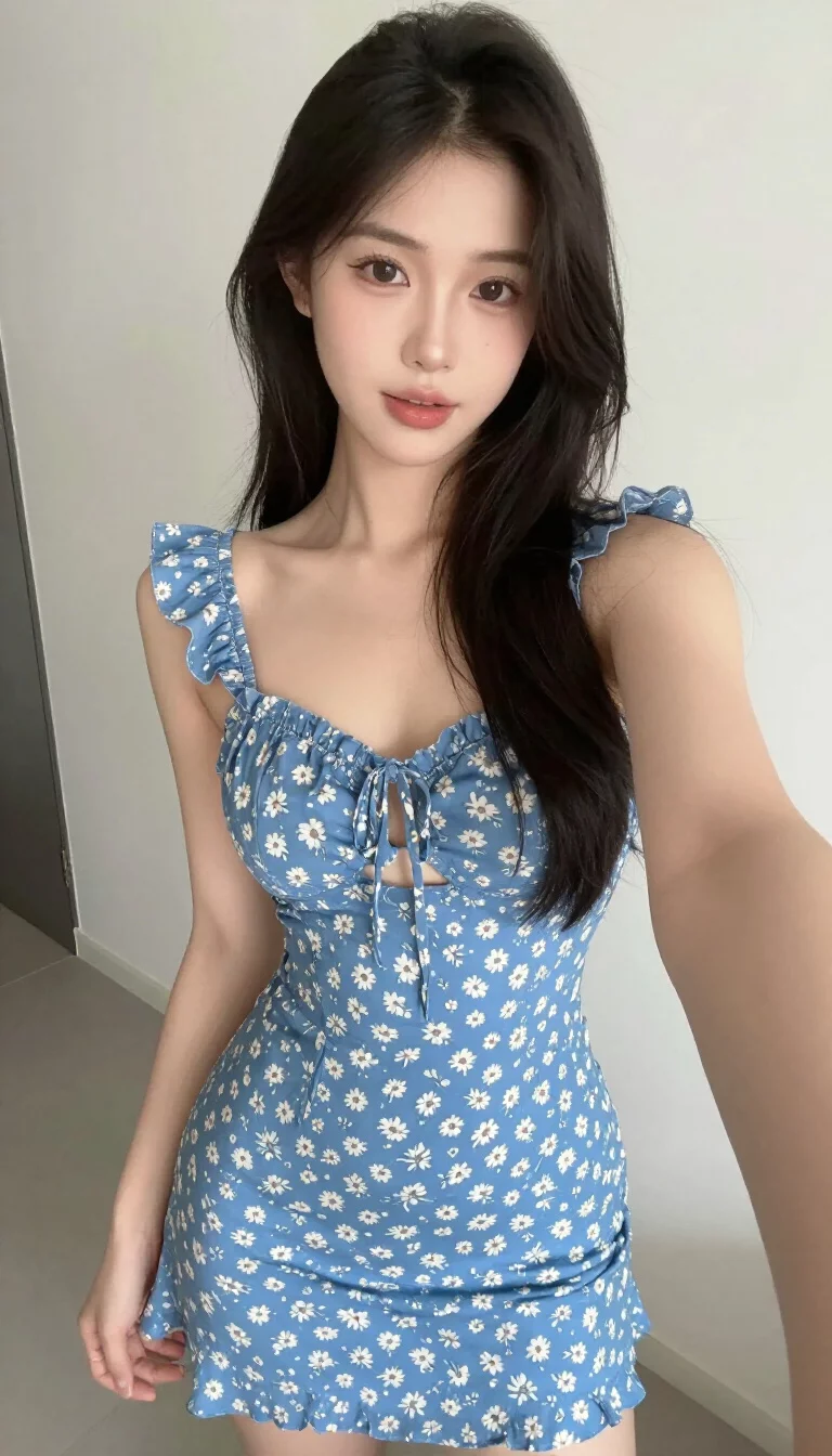 A beautiful woman in a short blue floral sundress with one ruffle sleeve and a cutout bodice, selfie in a bright indoor setting.