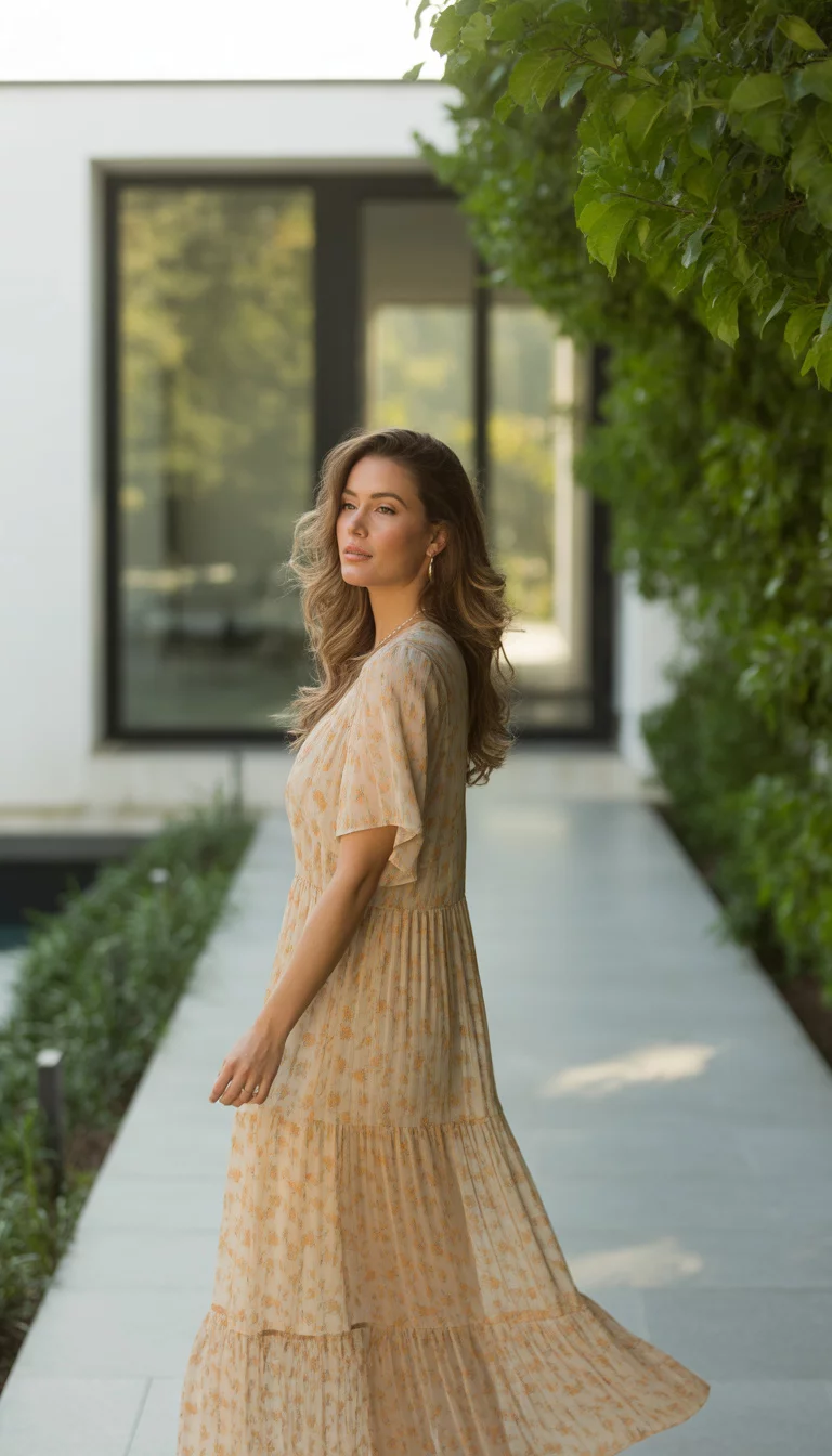 A beautiful woman in a sheer beige maxi dress with an orange floral print and tiered ruffle skirt, she stands in a modern outdoor walkway.
