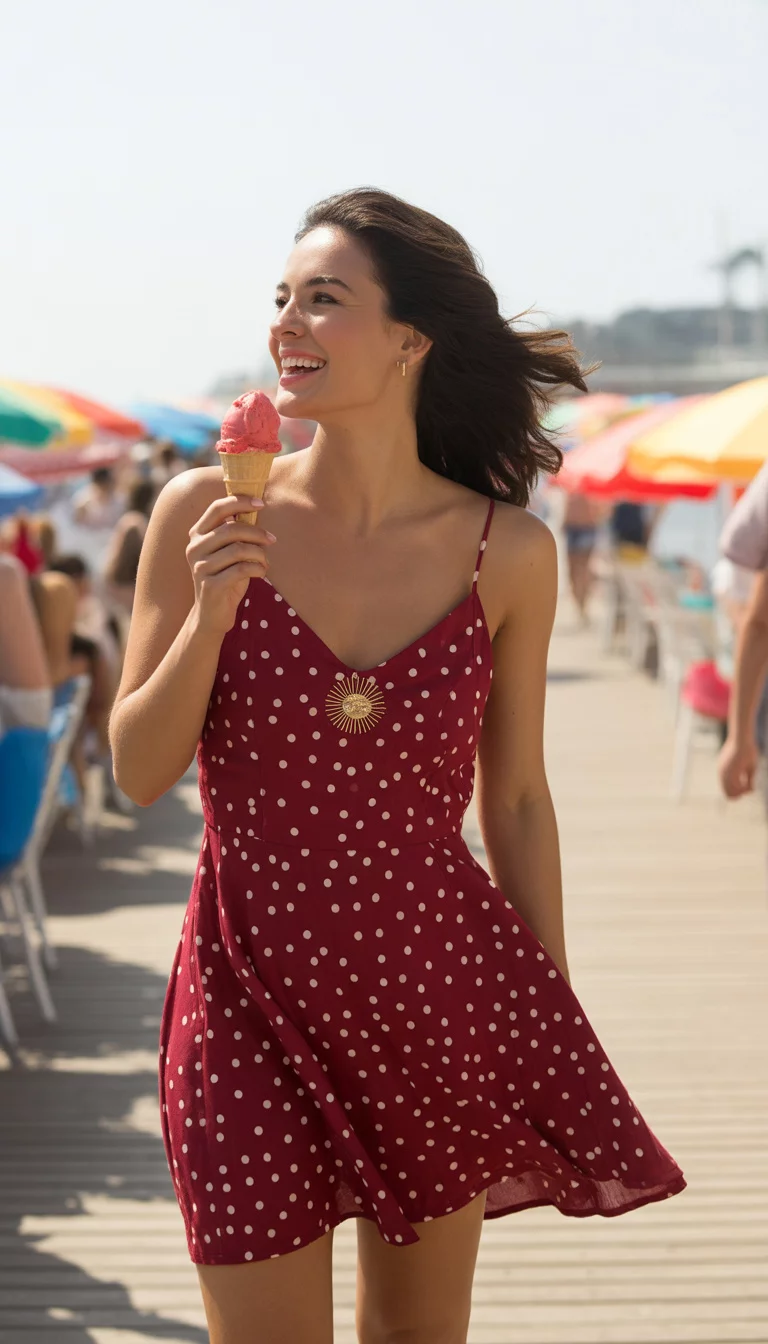 A beautiful woman in a deep red mini dress with white polka dots, featuring thin straps and a small gold sunburst detail, she holds an ice cream cone.