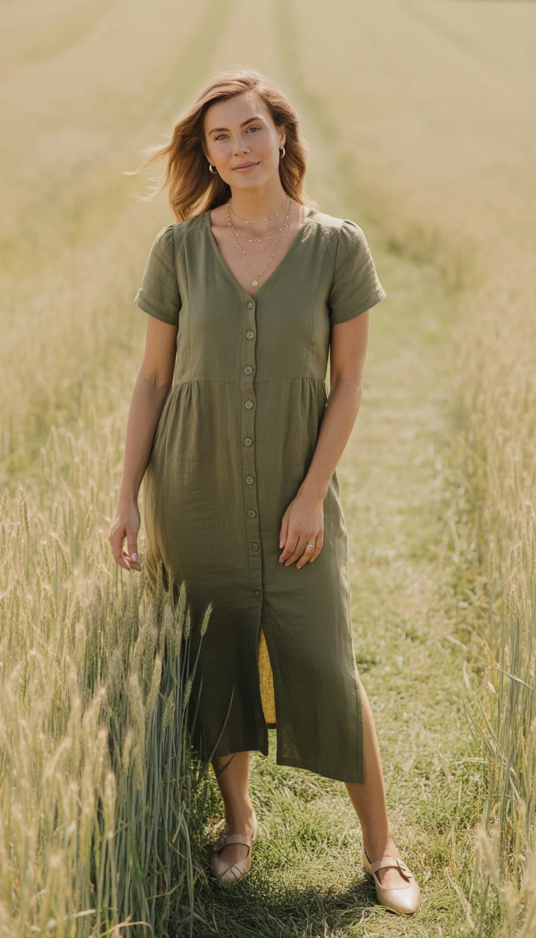 A beautiful woman in an olive green linen midi dress with front buttons and a side slit, she wears layered gold necklaces and small cap-toe shoes.