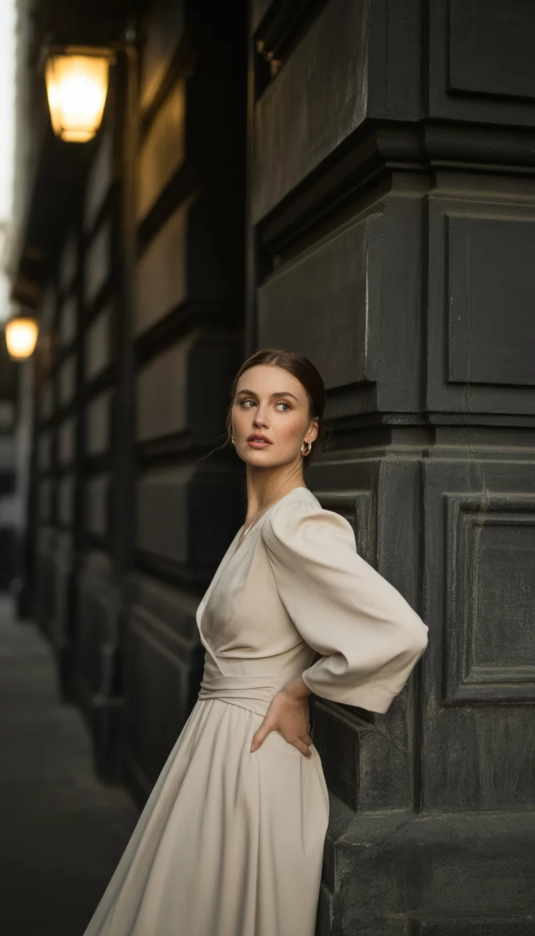 A beautiful woman in a cream wide-sleeved midi dress with a cinched waist, she poses dramatically against a dark classic stone building façade.
