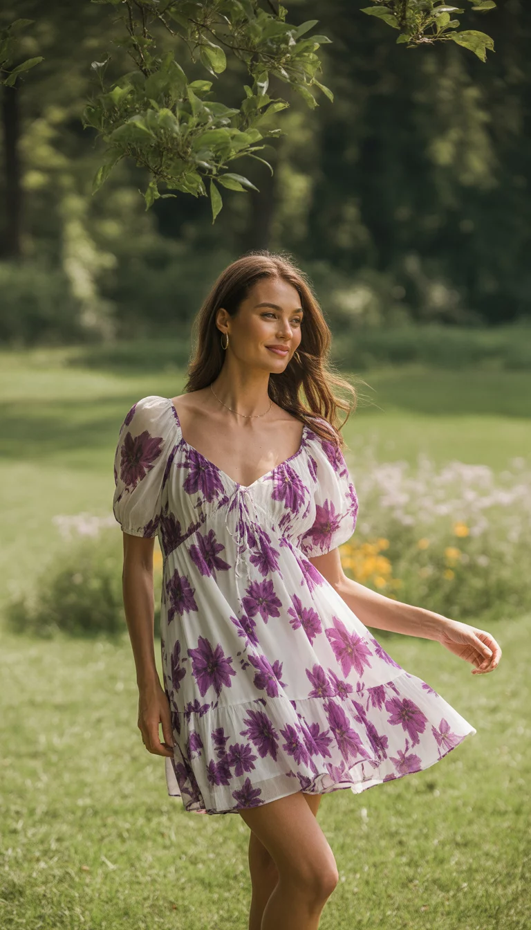 A beautiful woman in a white mini dress with a purple floral print, puff sleeves, and a tiered skirt, she poses in a grassy park setting.