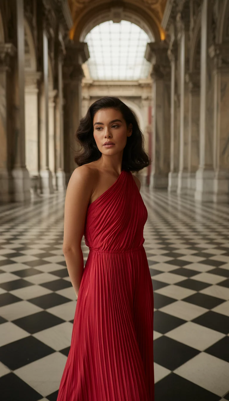 A beautiful woman in a vibrant red one-shoulder pleated maxi dress, she stands in a grand hall with marble columns and a black and white floor.