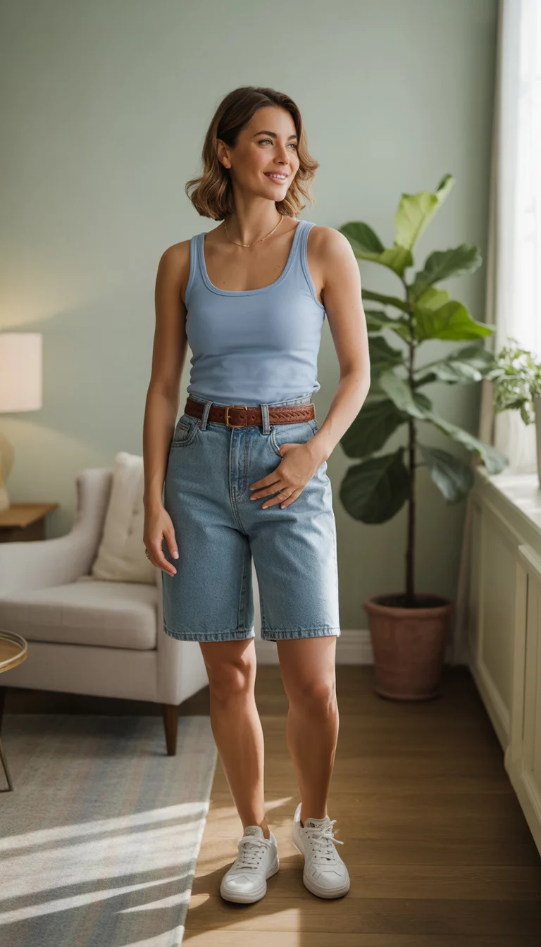 A beautiful woman in a light blue scoop neck tank, high waisted denim bermuda shorts, a brown belt, and white sneakers, she stands indoors.