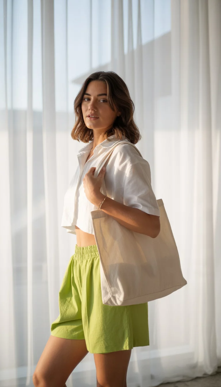 A beautiful woman in a white cropped shirt and bright lime green shorts, she holds a white bag and stands indoors near a window with soft light.