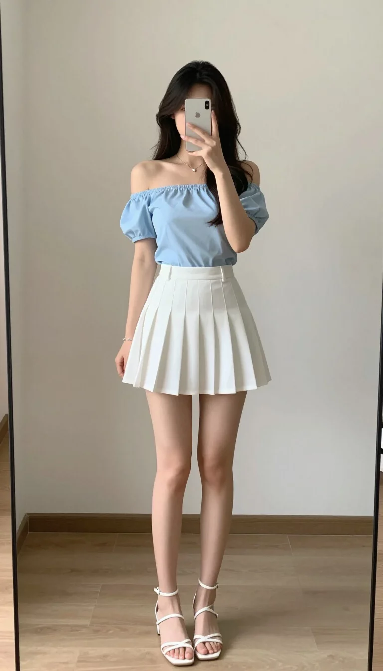 A beautiful woman in a light blue off the shoulder top, white pleated mini skirt, and white strappy heels, she takes a mirror selfie indoors.