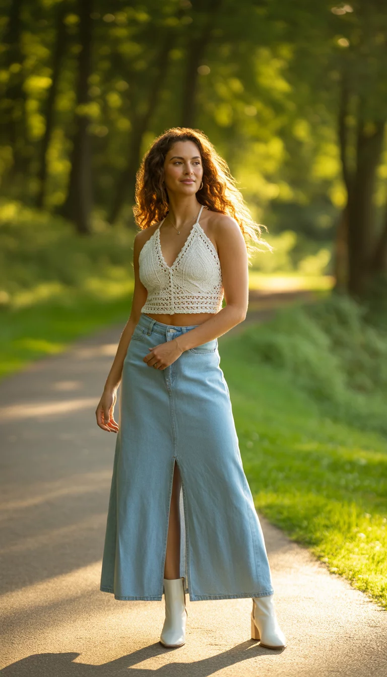 A beautiful woman in a white crocheted lace crop top, light blue denim maxi skirt with a front slit, white ankle boots, posing outdoors on a path with lush green trees.