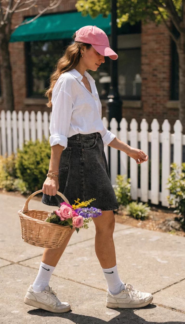 A beautiful woman in a white button down shirt, dark wash knee length denim skirt, pink baseball cap, carrying a basket of flowers, walking past a white picket fence.
