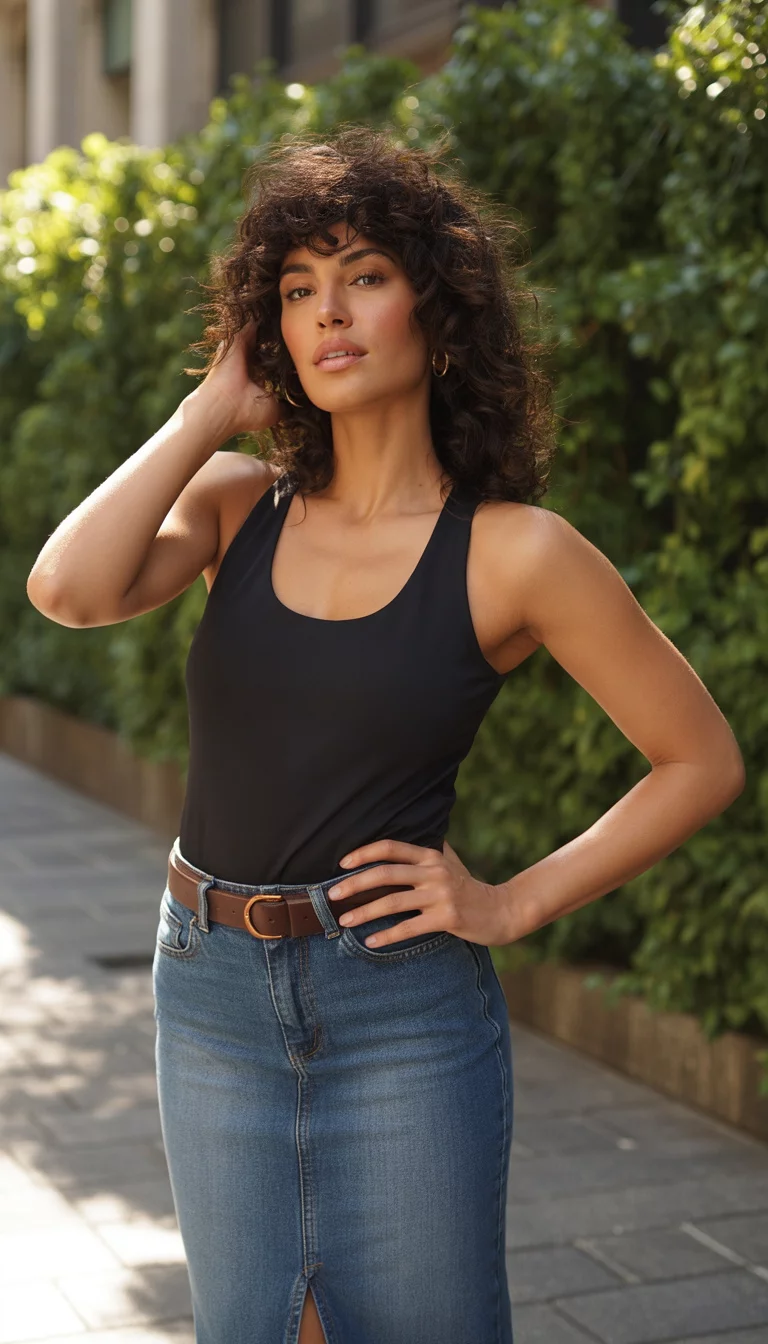 A beautiful woman with curly hair in a black tank top, medium wash denim pencil skirt, brown belt, black pointed heels, posing outdoors on pavement near greenery.