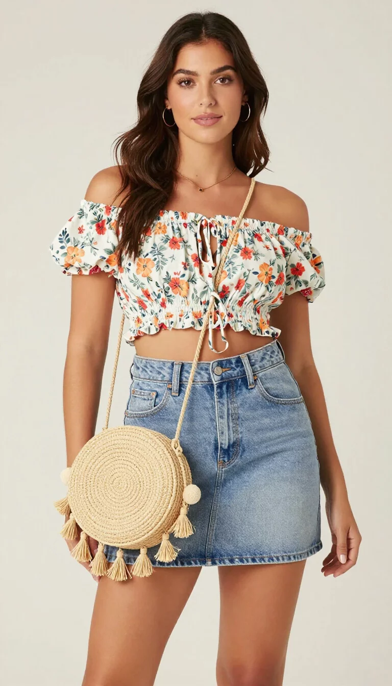 A beautiful woman in a floral off the shoulder crop top, light wash denim mini skirt, round straw bag with pom poms and tassels, standing in a bright neutral setting.