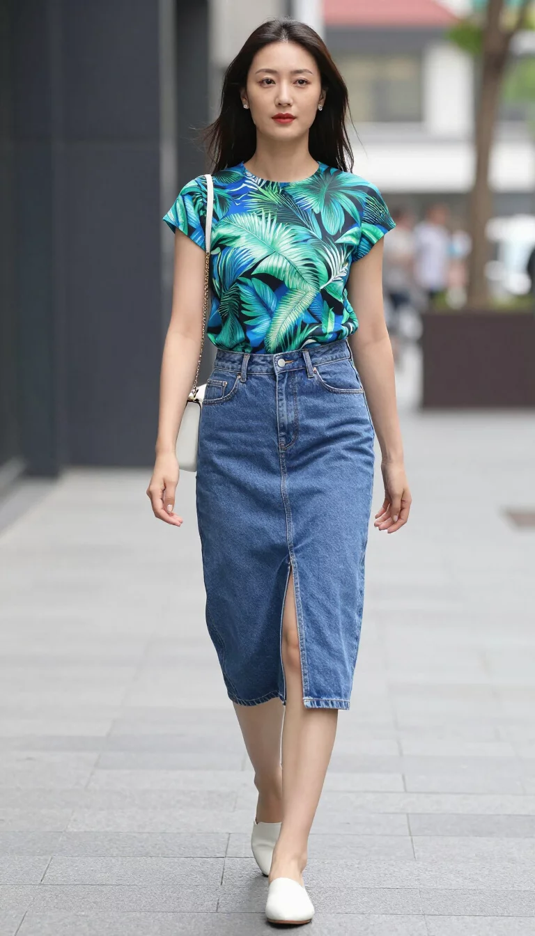 A beautiful woman in a blue and green tropical print short sleeve top, high waisted front slit denim midi skirt, white flat mules, walking on a city sidewalk.