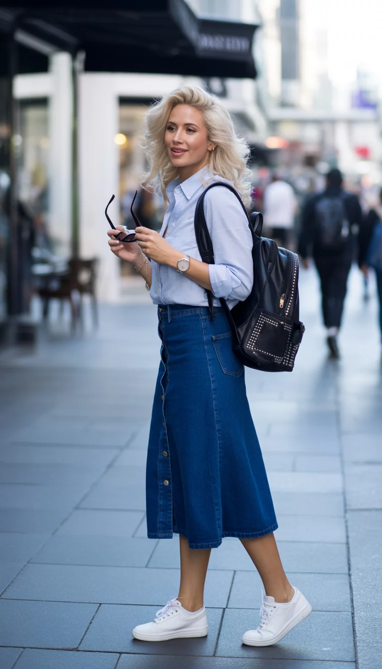 A beautiful woman with platinum blonde hair in a light blue button down shirt, dark denim midi button front skirt, white sneakers, black studded backpack, holding sunglasses.