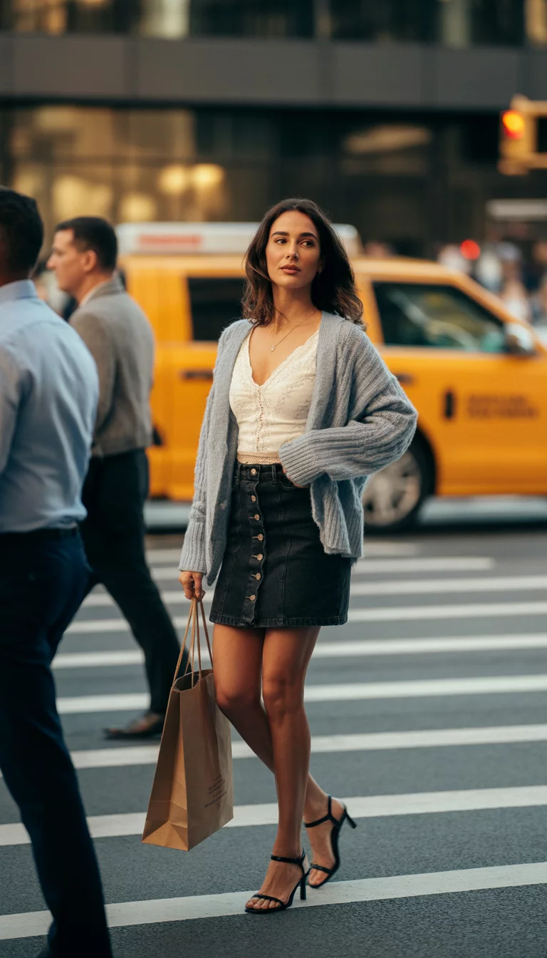 A beautiful woman in a white lace top, grey knit cardigan, dark denim button front mini skirt, black strappy sandals, carrying a shopping bag on a city crosswalk.