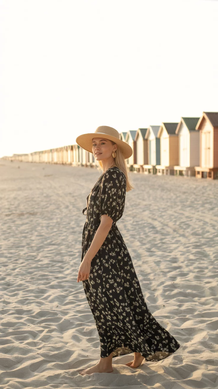 A beautiful woman in a black maxi dress with a white floral pattern, wearing a large straw hat, standing on a sandy beach near beach huts.