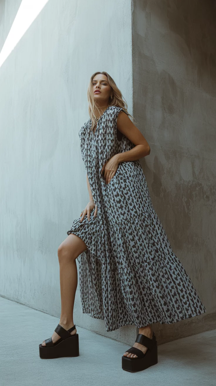 A beautiful woman in a voluminous black and white graphic print maxi dress with tiered ruffles and black platform sandals, posing against a concrete wall.