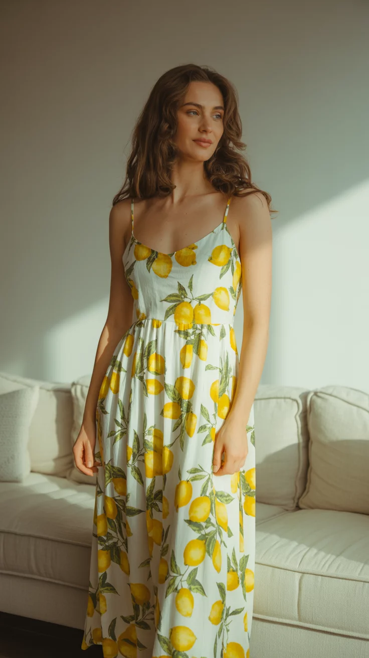 A beautiful woman in a white maxi dress with a bright yellow lemon print, featuring delicate straps, posing indoors near a light colored sofa.