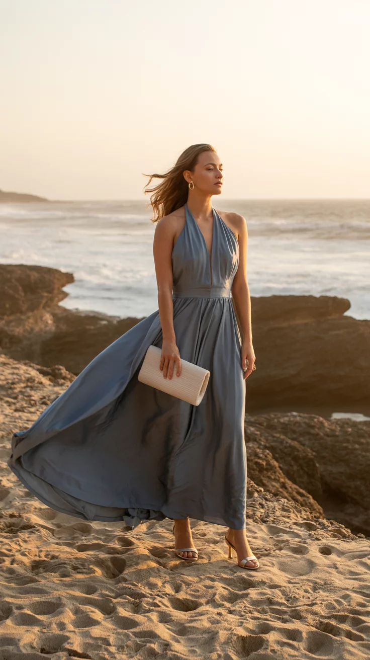 A beautiful woman in a flowing slate blue halter maxi dress billowing in the wind, holding a structured white clutch and wearing heeled sandals, standing on a rocky beach.