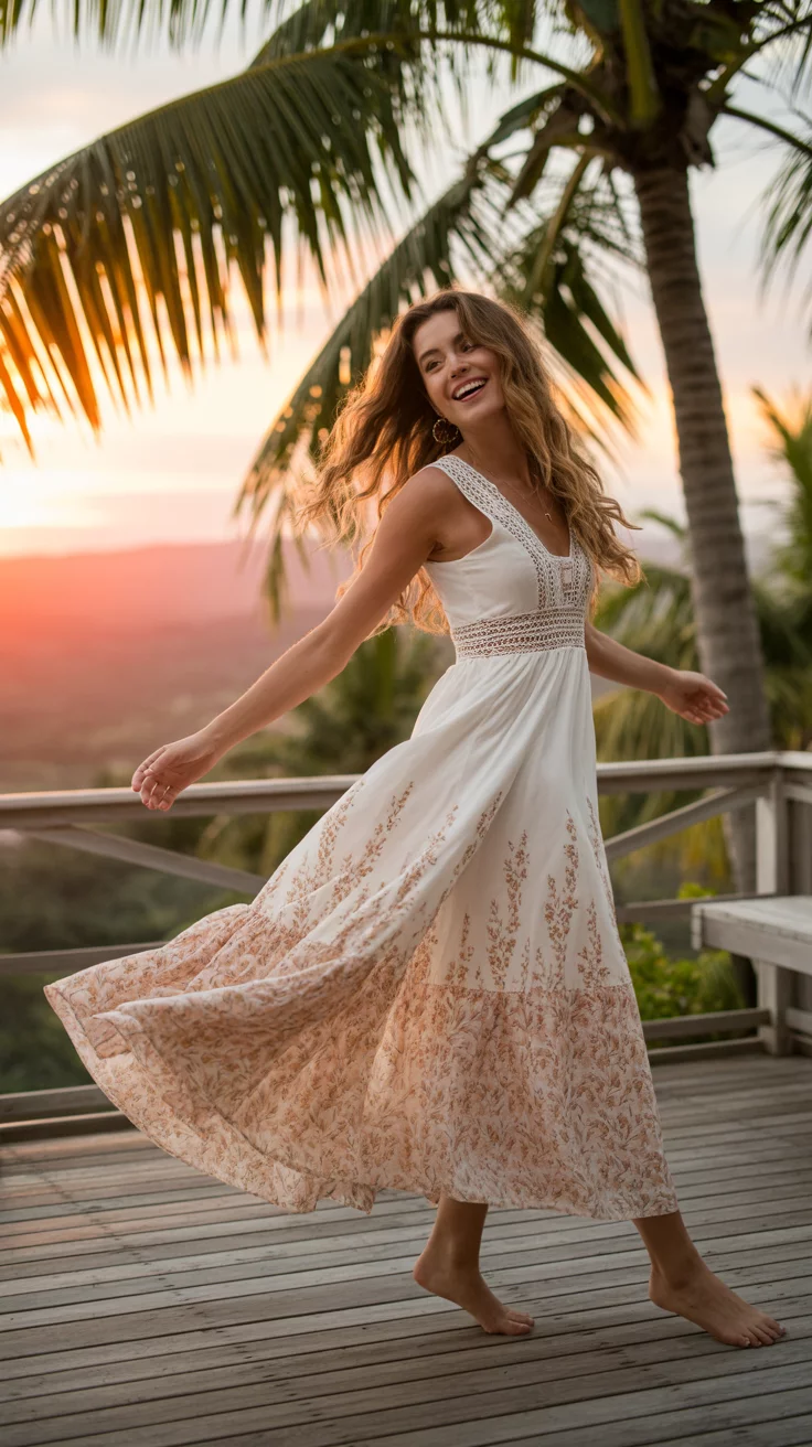 A beautiful woman in a white maxi dress with a delicate peach toned floral print and lace detail, twirling on a wooden deck near palm trees.