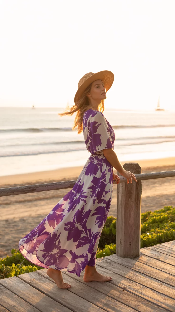A beautiful woman in a vibrant purple and white large floral maxi dress and a wide brimmed straw hat, posing on a beach boardwalk.