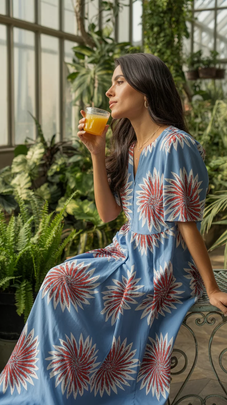 A beautiful woman in a blue maxi dress with a red and white stylized fan floral pattern, sipping a drink in a bright, airy greenhouse setting.