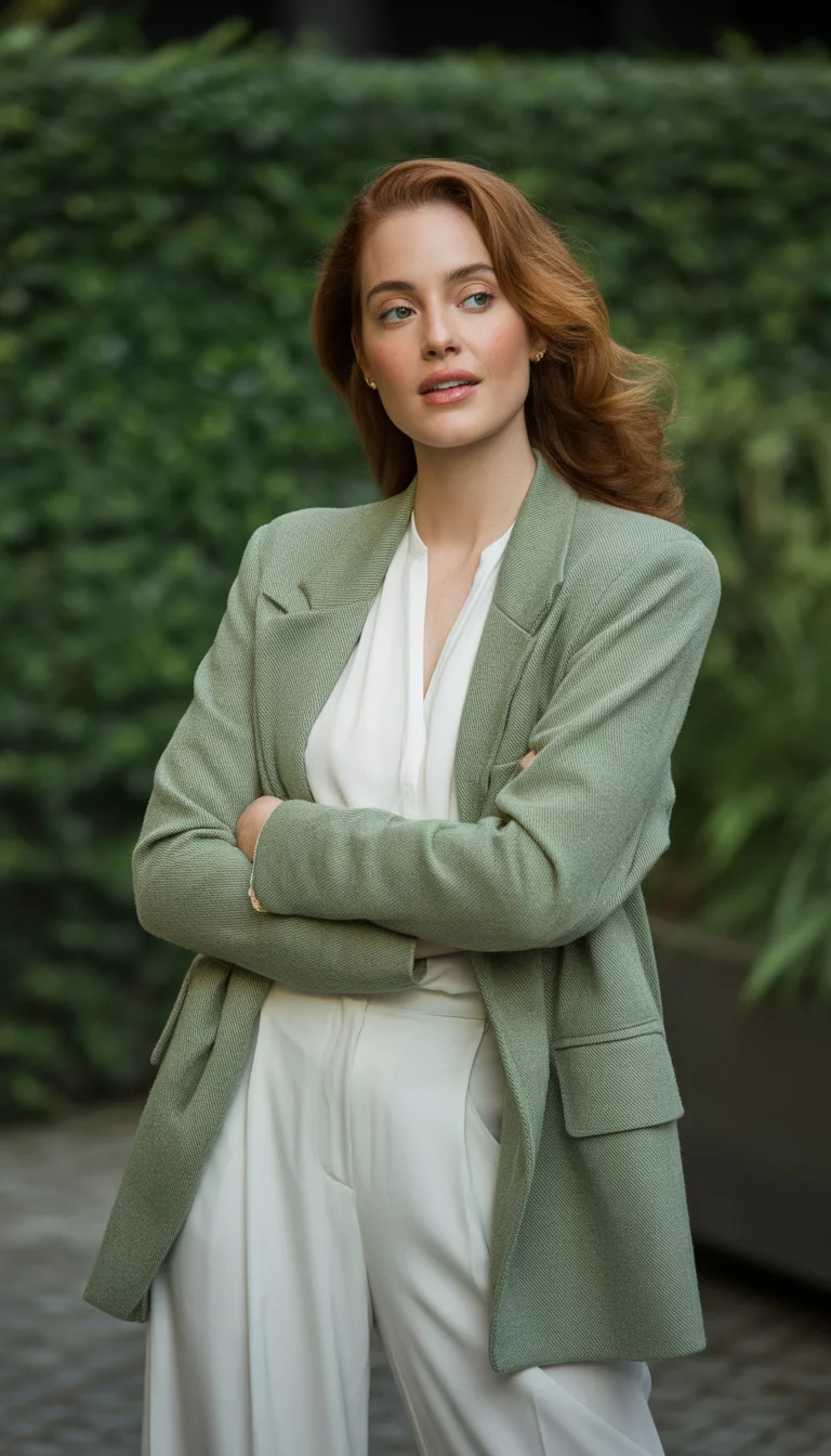 A beautiful woman in a sage green oversized blazer, a white blouse, and white wide-leg pants, posing.