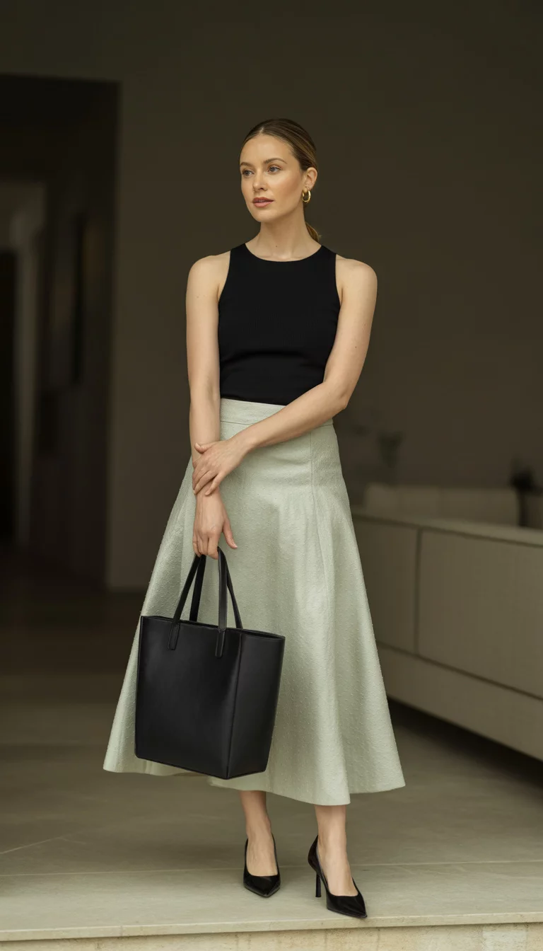 A beautiful woman in a fitted black sleeveless top, a light sage green midi skirt, and black pointed heels, holding a black tote bag indoors.