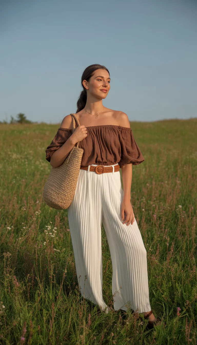 A beautiful woman in a brown off-the-shoulder top, white wide-leg pleated pants, a brown belt, and holding a woven bag.