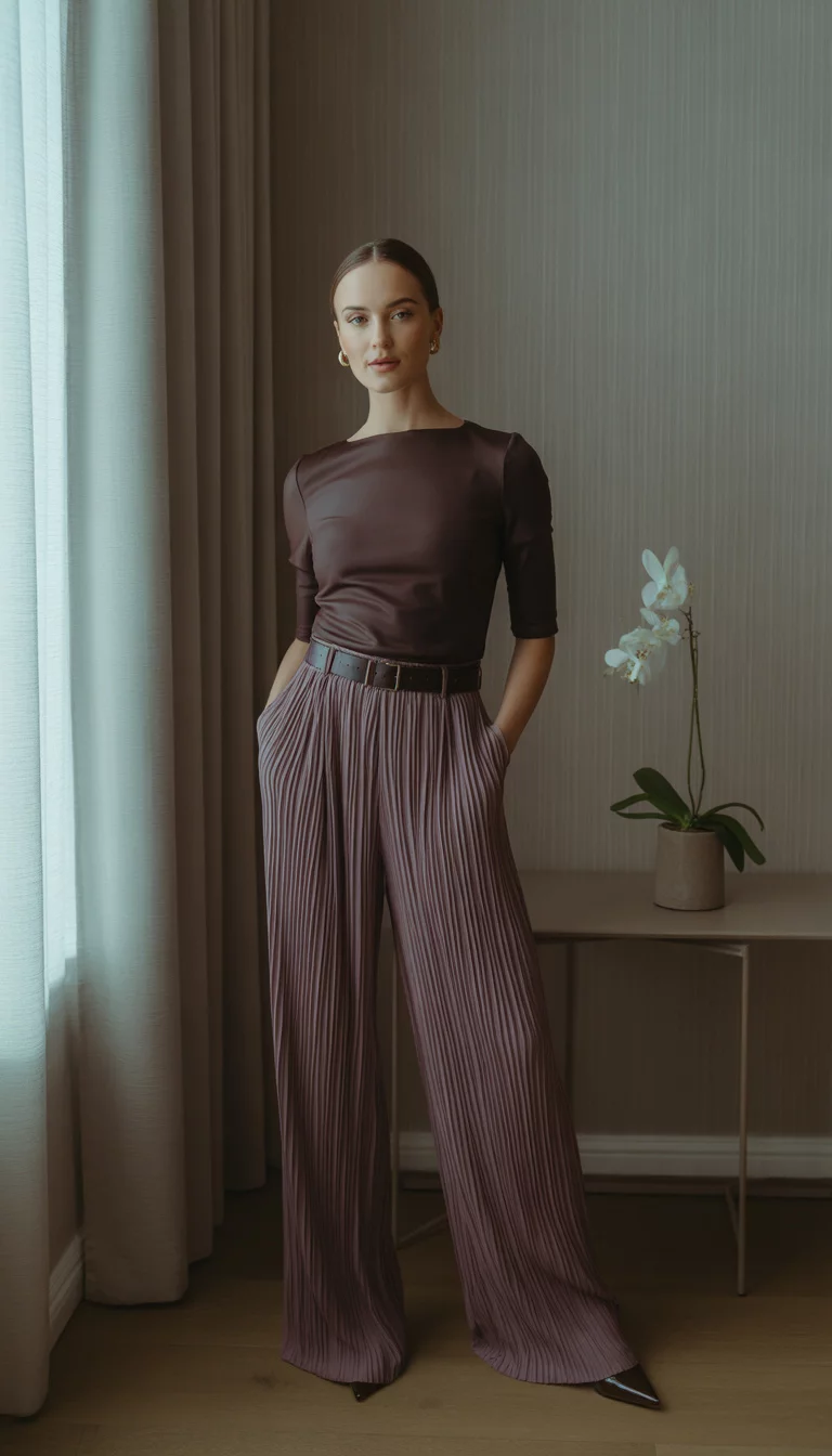A beautiful woman in a dark brown fitted top, mauve wide-leg pleated trousers, and a dark belt, posing indoors.