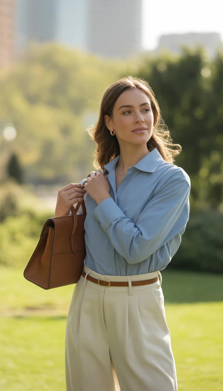 A beautiful woman in a light blue collared shirt, high-waisted white trousers, a thin brown belt, and holding a brown handbag.