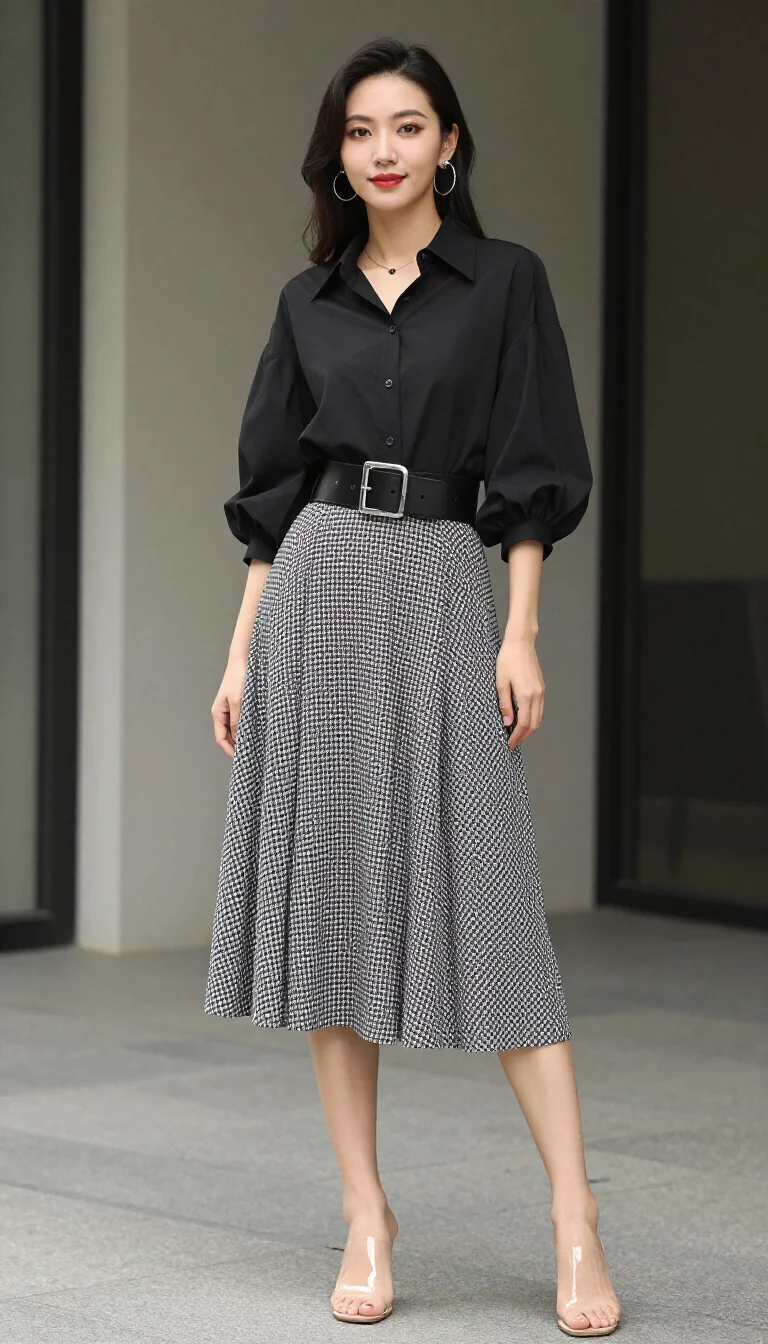A beautiful woman in a black button-up blouse with voluminous sleeves, a houndstooth midi skirt, a wide black belt, and clear heels.
