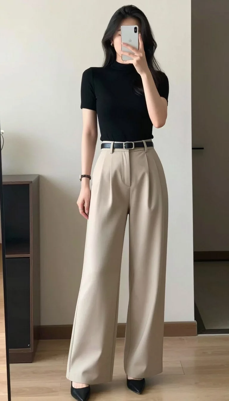 A beautiful woman in a fitted black top, high-waisted beige wide-leg trousers, a black belt, and black heels, taking a mirror selfie indoors.
