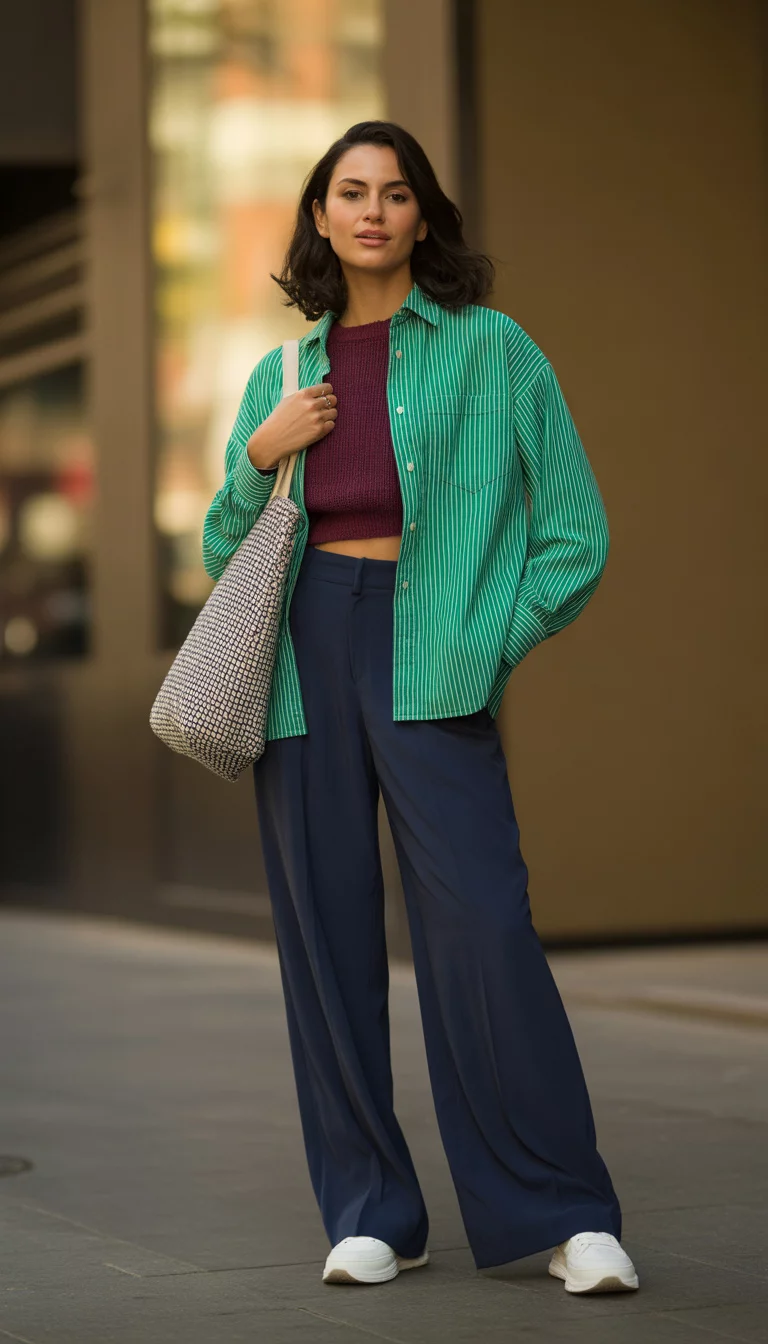 A beautiful woman in a green pinstripe shirt under a cropped burgundy sweater, navy wide-leg trousers, white sneakers, and holding a patterned bag.