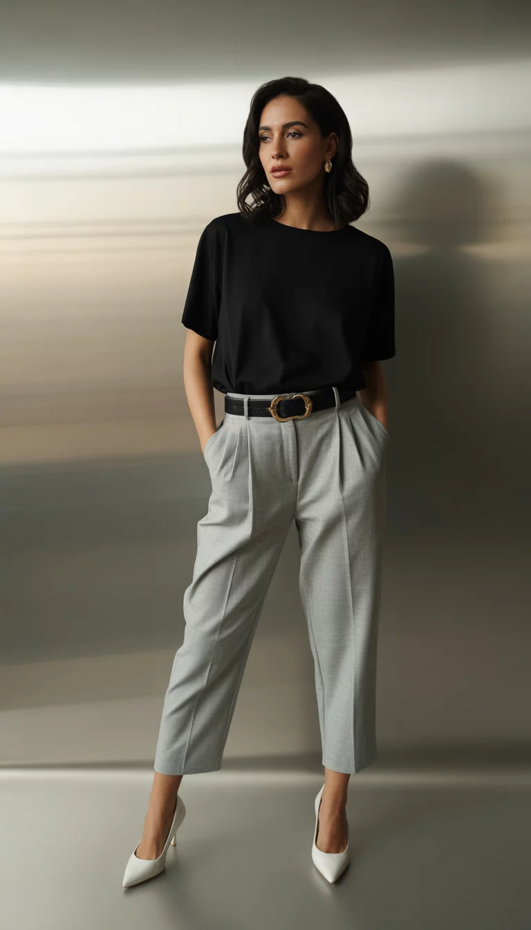 A beautiful woman in a black oversized t-shirt, light grey cropped pleated trousers, a black belt with a gold buckle, and white pointed heels.