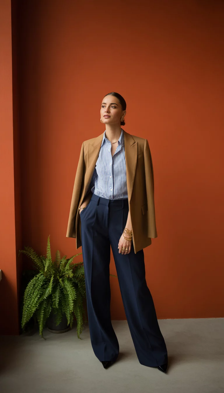 A beautiful woman in navy wide-leg trousers, a striped blue and white shirt, a camel blazer, and gold jewelry, against an orange wall.