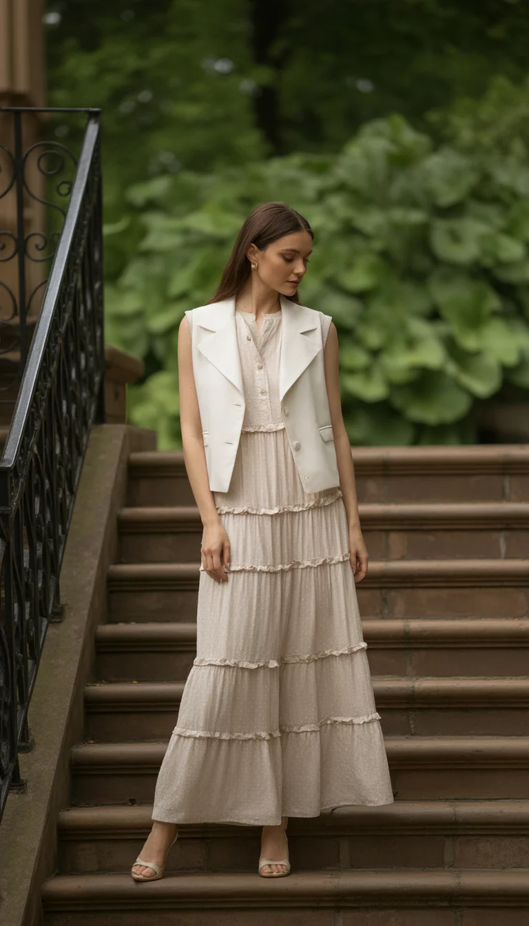 A beautiful woman in a tiered ruffled white lace maxi dress, a structured white vest, standing on brown steps near black railings.