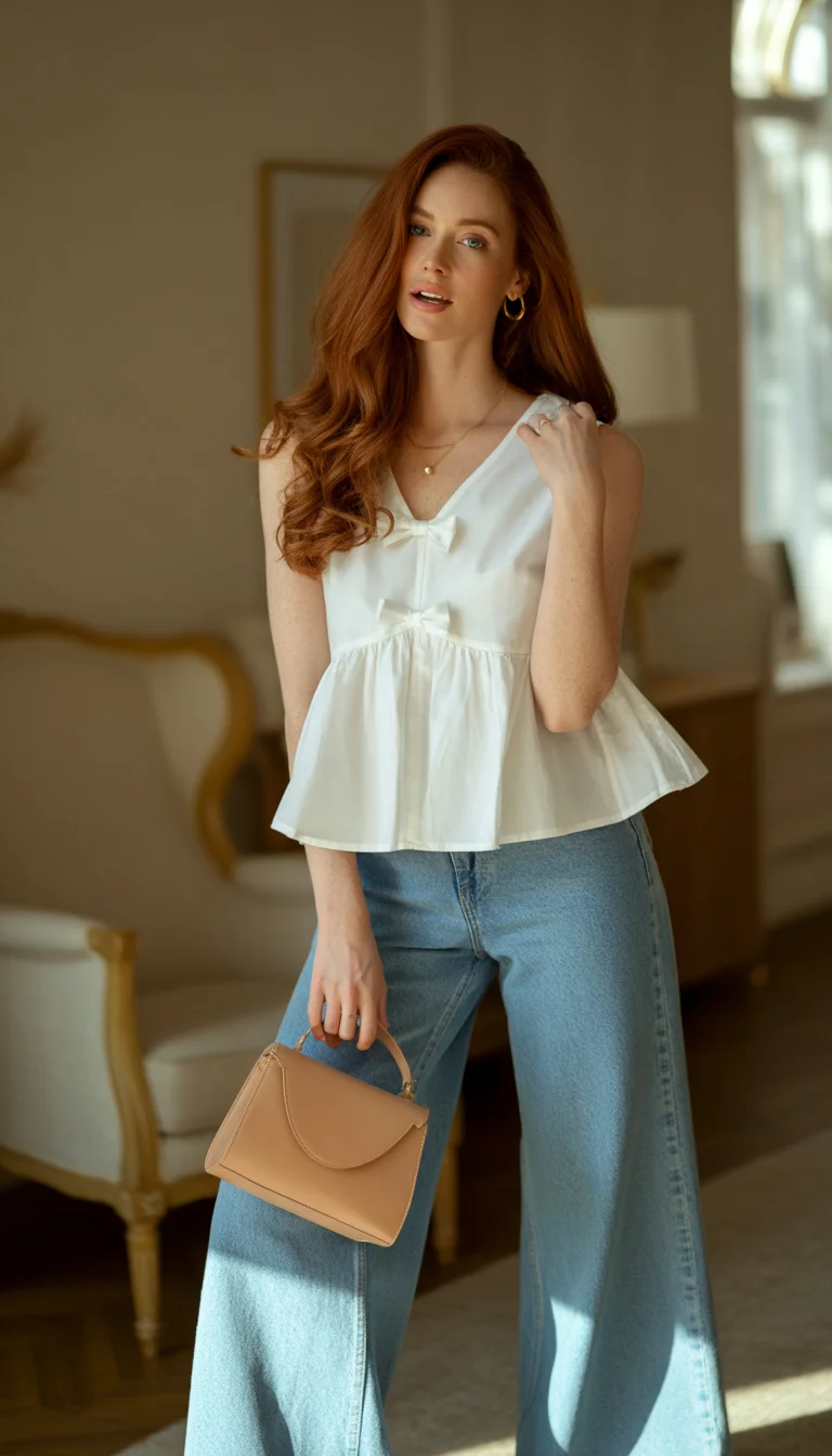 A beautiful woman in a white peplum sleeveless top with bow details, wide-cuffed denim flares, she carries a light handbag indoors.